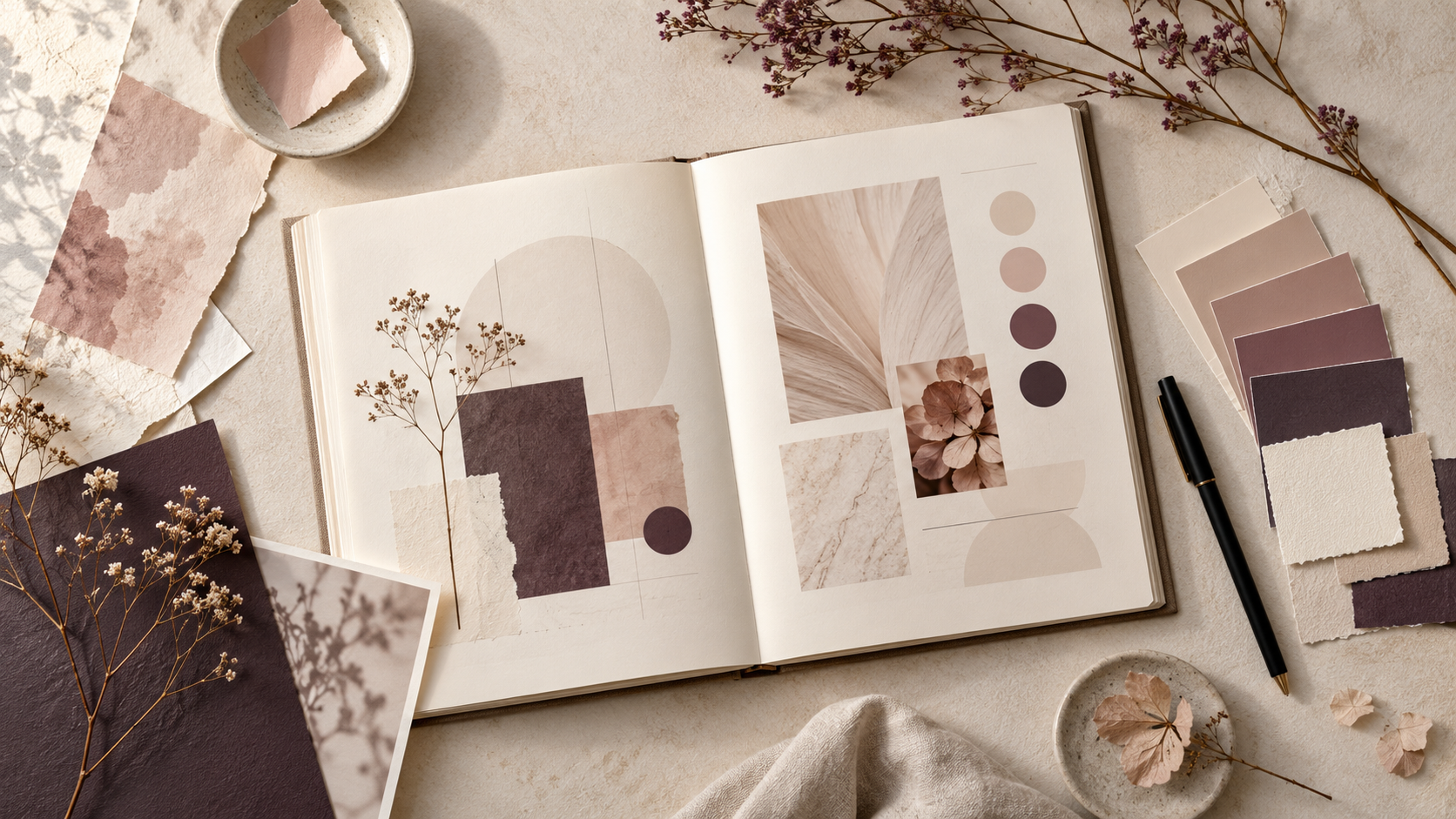 Graphic design mood board with print and color samples